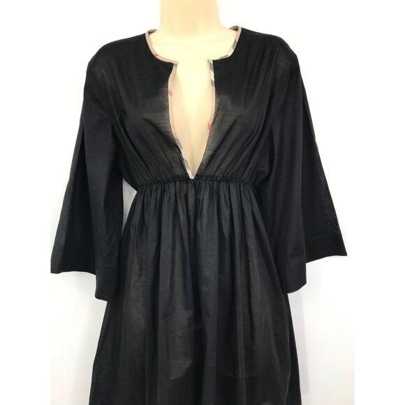 Burberry Babydoll Plaid Trim Deep V-Neck Dress Lightweight Cotton Black Large - Picture 3 of 7